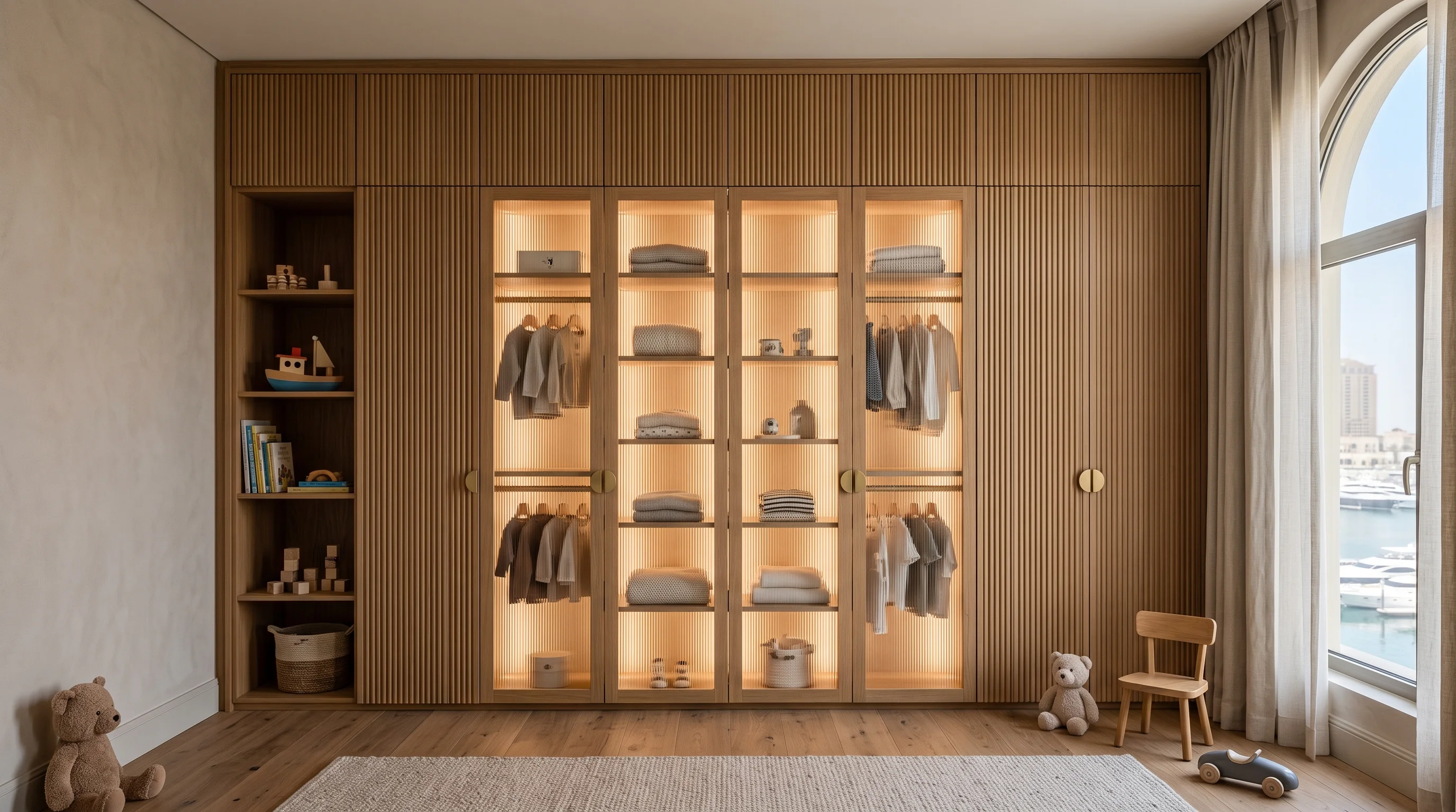 Full-height flush-panel wardrobe with warm bronze recessed pulls in The Pearl-Qatar